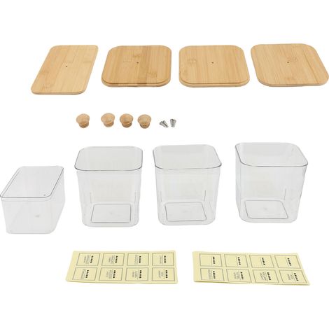 Lot de 3 boîtes pour dosettes de lessive avec 1 porte-feuilles assouplissantes. Organisateur de rangement pour plastique PET avec couvercles et étiquettes pour perles parfumées. (1/4)