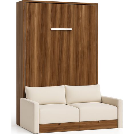 Lit escamotable vertical à tiroirs et canapé tissu VALENCIA Beige Matelas mousse 18 cm-Avec matelas-80x180-Canapé Beige-Structure Chêne clair (1/5)
