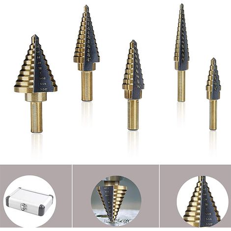 Lot de 5 forets à étages HSS 4241 à 2 molettes perceuse cône boîte aluminium pour acier carbone fer aluminium PVC (1/5)