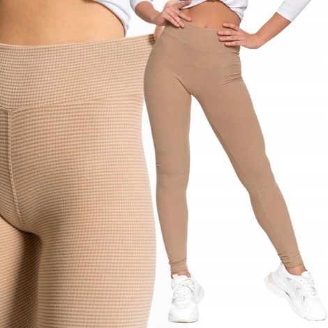 Leggings da donna a vita alta a coste, alla moda e sportivi, taglia L/XL, colore mocca (1/5)