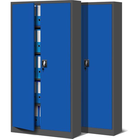 2er Set Aktenschrank C001 Metallschrank Stahlschrank Werkzeugschrank Büroschrank Lagerschrank Universalschrank Pulverbeschichtung Flügeltüren 185 cm x 90 cm x 40 cm (anthrazit/blau)