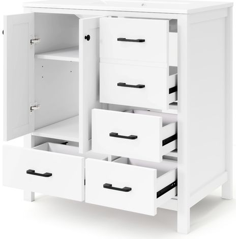 Freistehender Badschrank 76x46x82 cm mit Keramikwaschbecken, weiß, MODENUIT (1/5)
