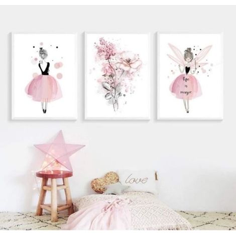 Lot De 3 Affiches Fille Chambre D'enfant Rose Tableaux Décorations Murales Peinture Sur Toile Cadeaux Anniversaire,70x50cm (1/4)