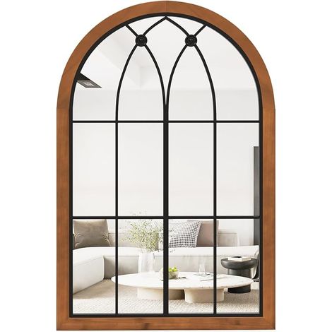 GOPLUS 60X90CM Miroir en Forme de Fenêtre Arquée, Cadre en Bois & Verre Antidéflagrant, 2 Façons d’Installation, Naturel (1/4)