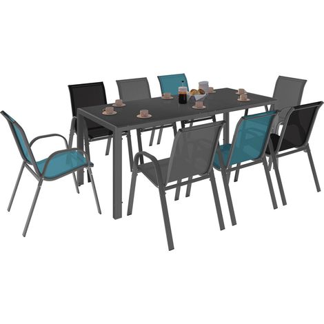 Gartenmöbel MADRID Tisch 190 cm und 8 stapelbare Stühle mix color blau, grau und schwarz