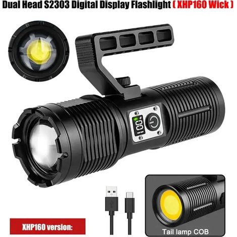 (Ampoule LED XHP160) Lampe torche LED haute puissance, zoomable, projecteur d'urgence extérieur, affichage numérique, aluminium. (1/5)
