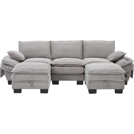 Modulares 3-Sitzer-Sofa in hellgrauem Cordoptik-Stoff mit 2 Hockern, USB-C und Seitentaschen (1/5)