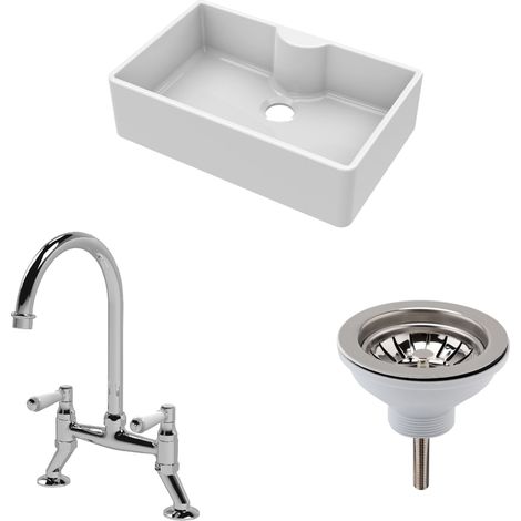 Fireclay Kitchen Bundle - 1 Bowl Butler Sink with Tap Ledge, Waste & Bridge Mixer Tap - 795mm - Chrome