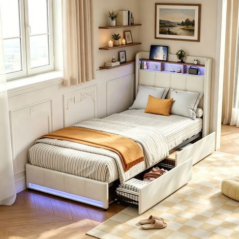 Lit coffre 90x200 avec LED et 2 USB/1 Type C, Lit rembourré 1 Personne avec 2 tiroirs, lit simple, cadre de lit avec tête de lit rangement, Beige, lin, Matelas non compris, MDF (1/5)