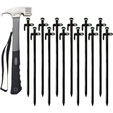 Piquets de tente robustes en acier forgé non courbés - Piquets de camping idéaux pour les endroits rocheux/durs (30 cm, 12 pièces + marteau de tente) (1/5)