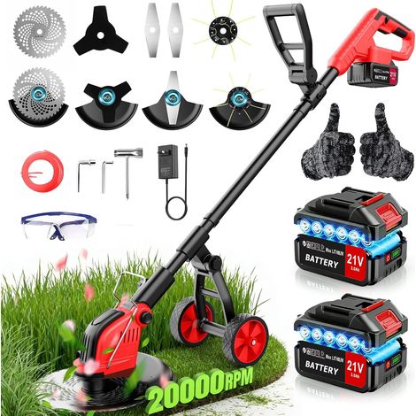 30CM Debroussailleuse Electrique sans Fil, 2x3.0Ah Batterie et Chargeur Coupe Bordure sans Fil, 20 000 TR/Min, Débroussailleuse à Batterie avec 4 Types Lames Longueur RéGlable pour Jardin Élagage (1/5)