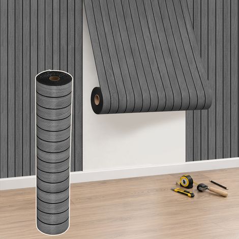 Jiubiaz Panel mural 3D autoadhesivo con efecto madera, 300 x 40 cm, revestimiento mural de PVC con efecto listones, salón, cocina y dormitorio, gris oscuro (1/5)