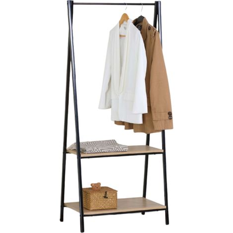 Burro de Ropa 2 Estantes Perchero Cepi para Dormitorio en Negro y Roble Cambrian 64x150x40 cm