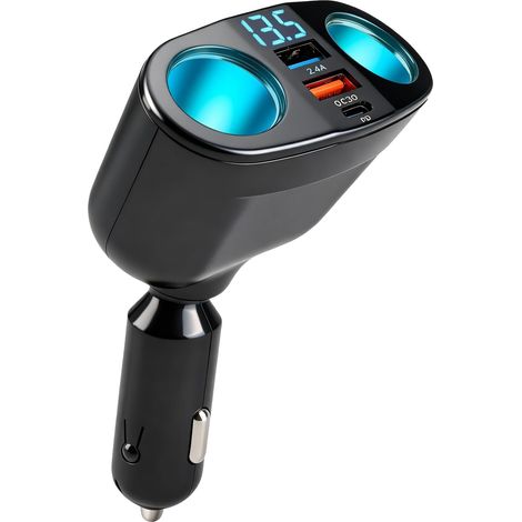 Double Prise Allume Cigare Chargeur Voiture Allume Cigare Multiprise Adaptateur 12V/24V 120W Double USB et Type-C avec QC3.0 PD Charge Rapide Voltmètre LED 360 Degrés pour Téléphone GPS Caméra (1/5)