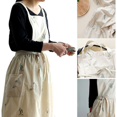 Tablier de cuisine brodé fleurs, imperméable et résistant à l’usure, pour pâtisserie, café et maison, crème (1/5)