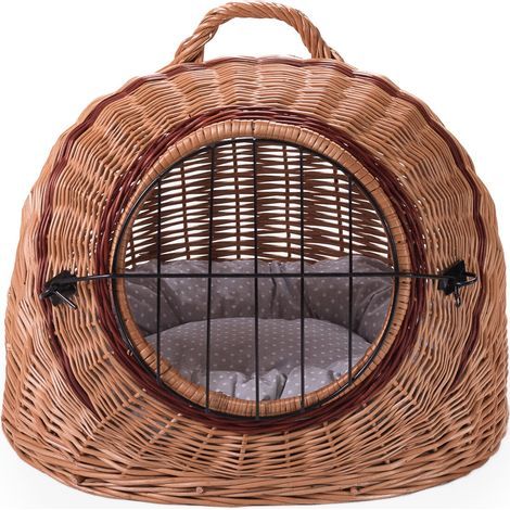Panier de transport en osier pour chats et autres animaux, panier ovale avec fermeture en métal et coussin IV, k12 - pois blancs sur marron (1/5)