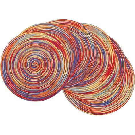 Set di 6 sottobicchieri rotondi, intrecciati e colorati, ideali per la tavola o come decorazione per feste, colore rosso arcobaleno. (1/5)