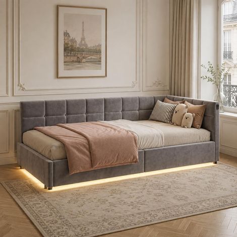 Lit coffre 90x200 cm avec lumière LED, Lit banquette de jour rembourré avec rangement hydraulique, structure en L, velours, Gris (1/5)