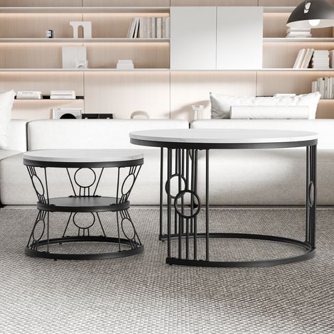 Nesting Tische MDF Weiß/Schwarz, 2er-Set Couchtische mit Stahlgestell, 70 x 70 cm und 45 x 45 cm