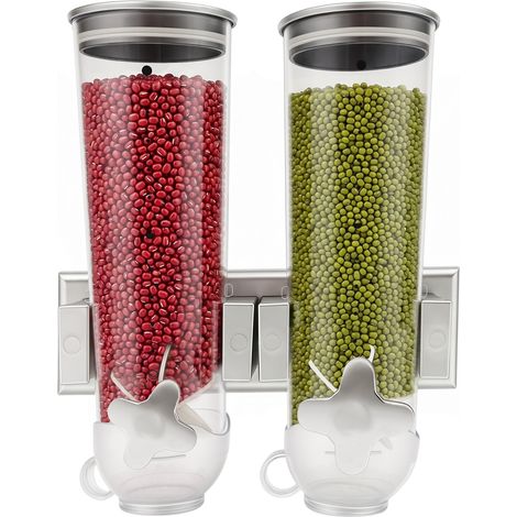 Distributeur d'aliments mural, 2 compartiments, 3 L - Portionneur de céréales rotatif transparent, pour cuisine et garde-manger (1/5)