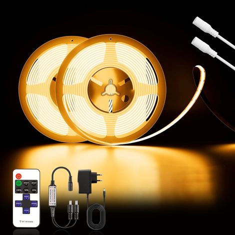 Ruban LED COB 10M (5M x 2), Blanc Chaud 12700K, Bande LED 24V Dimmable Autocollante, 320LEDs/M, Largeur 8mm, avec Télécommande et Alimentation, pour la Décoration de la Maison, la Cuisine, le Miroir (1/5)