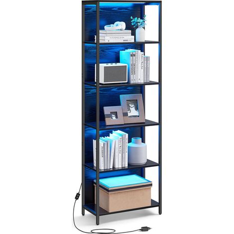 Bibliothèque LED à 6 Niveaux, Étagère à Lumière Réglable, Meuble de Rangement avec Cadre en Acier, 30,3 x 60 x 178,6 cm, pour Salon, Chambre, Bureau, Noir Boisé LLS120B57 (1/5)