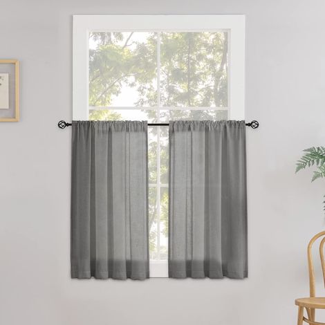1 Rideau, Lin, Poche Pour Tige, Semi-Transparent, Gris, 60x60 Cm, Cuisine Salle De Bain