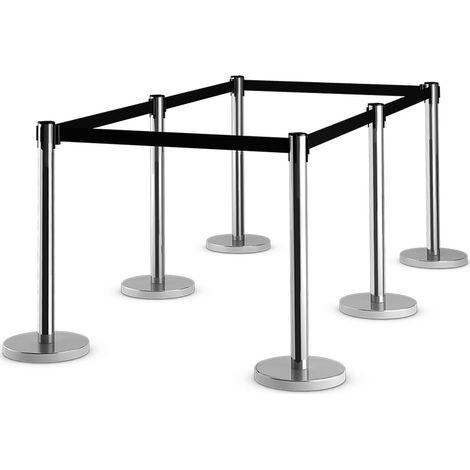 GOPLUS Lot de 6 Poteau de File d'Attente Noir avec Cordon Noir,Poteaux de Guidage Retractables avec Ceinture Retractable de 2M,Poteau de Separation Retractable,File d'Attente en Acier (6, Argent+Noir)