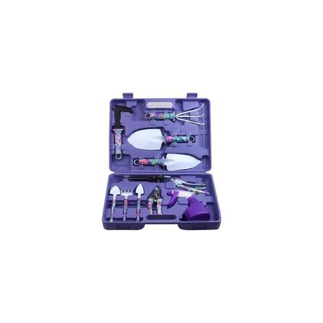 Cet ensemble de 10 outils de jardinage présente un motif floral et des poignées ergonomiques. Il comprend une pelle, un râteau, un désherbeur, un sécateur et un pulvérisateur. (1/5)