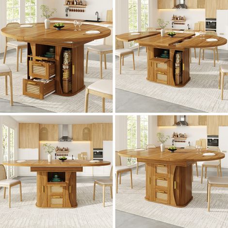Mesa de comedor extensible con espacio de almacenamiento, mesa de 118–158 cm con cajones de ratán, aspecto de madera MDF, negro/madera natural/marrón (1/5)