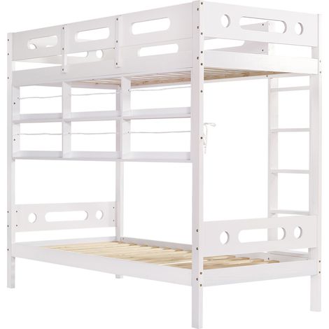 Lit superposé pour enfants blanc 90 x 200 cm avec échelle 5 marches et étagères ouvertes (1/5)