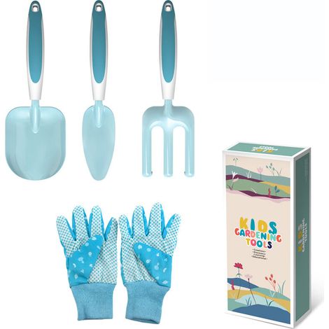 Lot de 4 outils de jardinage pour enfants - Truelle râteau et fourchette - Gants de jardinage - Mini ensemble d'outils de jardinage pour la plage et le jardin (1/4)