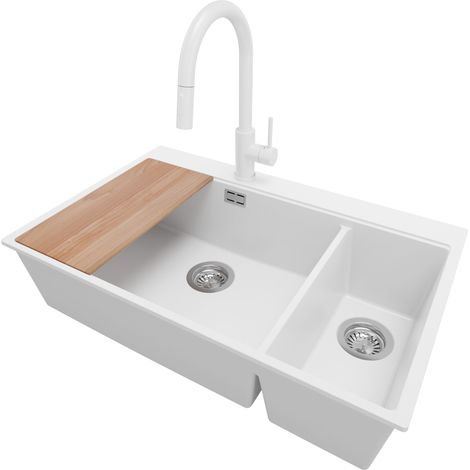 PRIMAGRAN Evier Cuisine en Granit 78x50cm, Lavabo 2 bacs + Robinet 40x20cm + Kit de Vidage + Accessoire, Évier à Encastrer au meuble 80cm - Oslo Duo, Blanc (1/5)