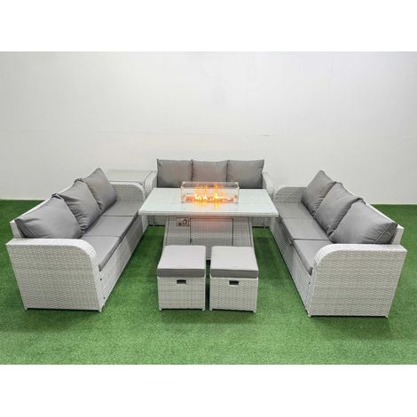 Fimous PE Rattan Lounge Sofa Set 11 Seater Outdoor Garden Furniture Set with Firepit Dining Table 3 Seater Sofa 2 Stools Side Table Light Grey (1/4)