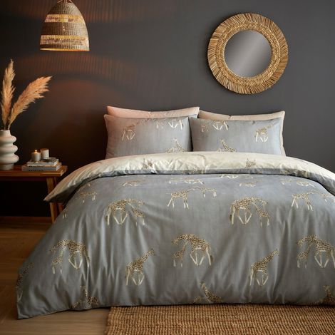 Housse de Couette Girafe Gris/Blanc 140 x 200 cm 1 taie d'oreiller Design réversible Parure de lit Animaux du Zoo Parure de lit Gris et Blanc avec girafes Cadeaux girafes (1/4)