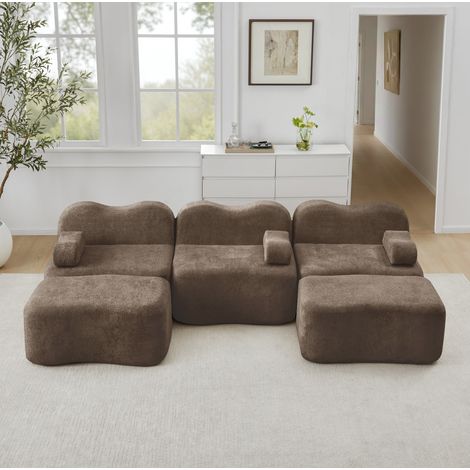 Canapé modulare in velluto marrone a U con 2 pouf, seduta profonda e struttura senza telaio (1/5)