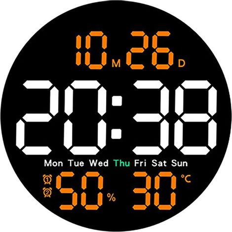 Orologio da parete digitale con telecomando, LED, luminosità regolabile su 10 livelli, regolazione automatica della luminosità, colore arancione, calendario da parete, timer, conto alla rovescia. (1/4)