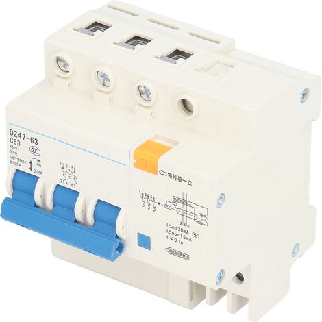 Disjoncteur miniature 3P+N avec protection contre les défauts à la terre, les fuites de courant et les surcharges, 400 V, 63 A