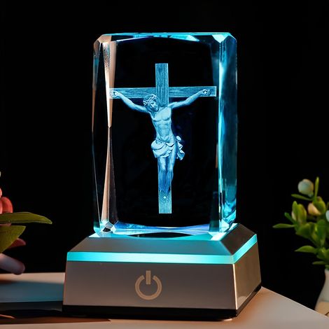 KOWOLL Figurine de croix de Jésus en 3D avec socle lumineux coloré, crucifix gravé au laser, cadeau religieux pour les amis, décoration de croix chrétienne pour le Vendredi saint et Pâques (1/5)