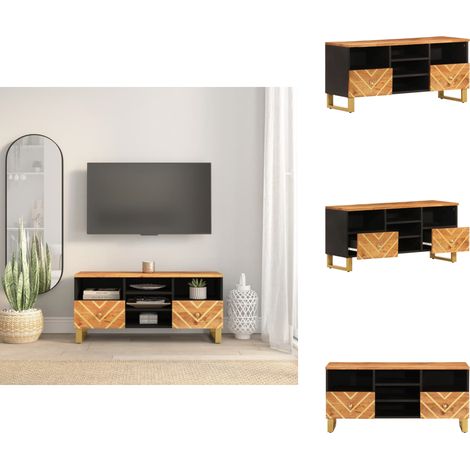 Meuble TV marron et noir 100x33,5x46 cm bois massif de manguier - Meuble Tv - Meuble Televison - Meuble Salon - Meuble Multimedia - Rangement Tv (1/5)