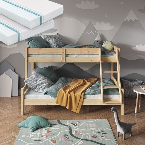 Etagenbett Everest, Naturholz, 120x200 / 80x200 cm mit 2 Matratzen, Vitalispa