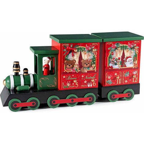 Calendari dell'Avvento in legno a forma di trenino natalizio con 24 cassetti da riempire, cm 40 x 11 x 19 H