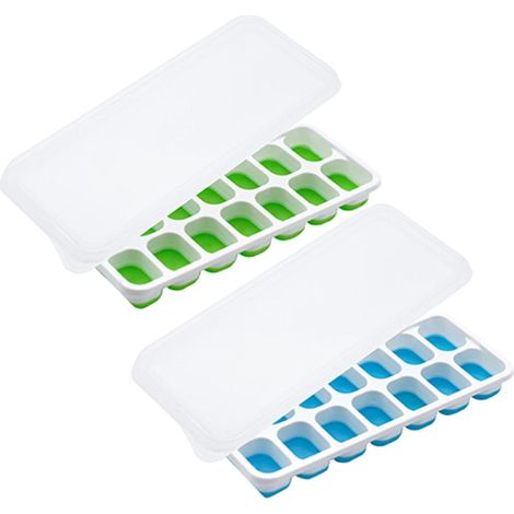 Lot de 2 Bacs à glaçons en silicone avec couvercle empilable sans BPA pour congélateur whisky cocktail