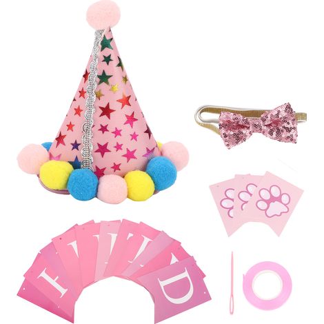 Chapeau et nœud papillon ajustables pour chien, jolis accessoires doux pour un anniversaire de chien, décorations roses (1/5)