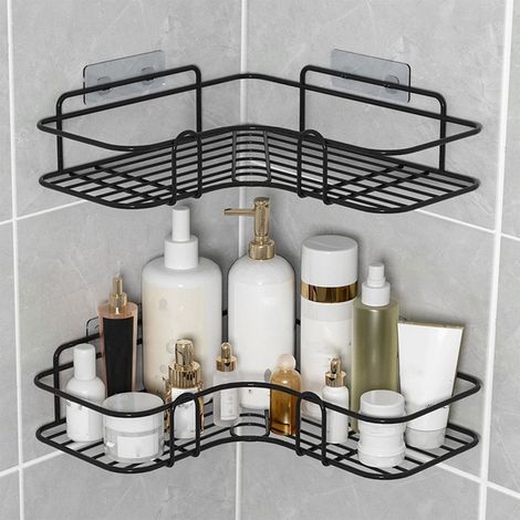 Etagere Salle De Bains - Etagere D'Angle Sans Perçage - Support Murale En Fer Noir - Double Niveau - 26x26x6 Cm (1/5)
