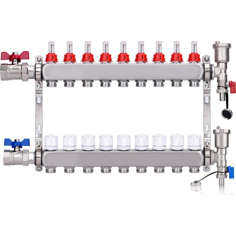 Kit Collecteur Radiateur, 9 Circuits Distributeur Chauffage, avec Vannes à Boisseau Sphérique 1", avec Purgeur Manuel et Débitmètre, Raccords pour Eurocône 3/4, Distributeur HKV