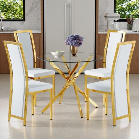 Ensemble table et chaises salle à manger : table en verre trempé 88 cm, cadre métal doré croix, 4 chaises minimalistes blanches PU avec finition dorée (1/4)