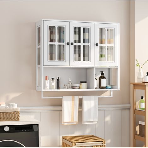 Armoire murale de salle de bain avec porte-serviettes et rangement ouvert, 88x26x82,5 cm, blanche (1/5)
