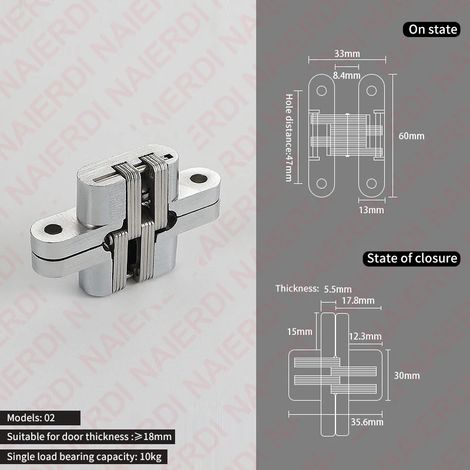 (02 13x60mm) 2 charnières invisibles en acier inoxydable pour portes de placard, charnières en croix dissimulées, quincaillerie de porte (1/5)