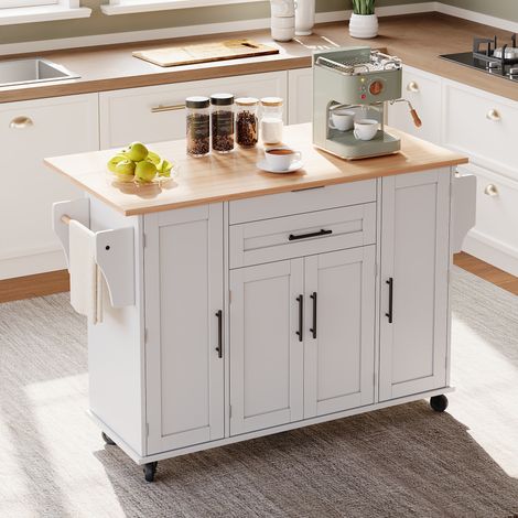Isla de cocina móvil 136 x 70 x 92 cm, extensible, blanco y madera natural DESVIAE (1/5)